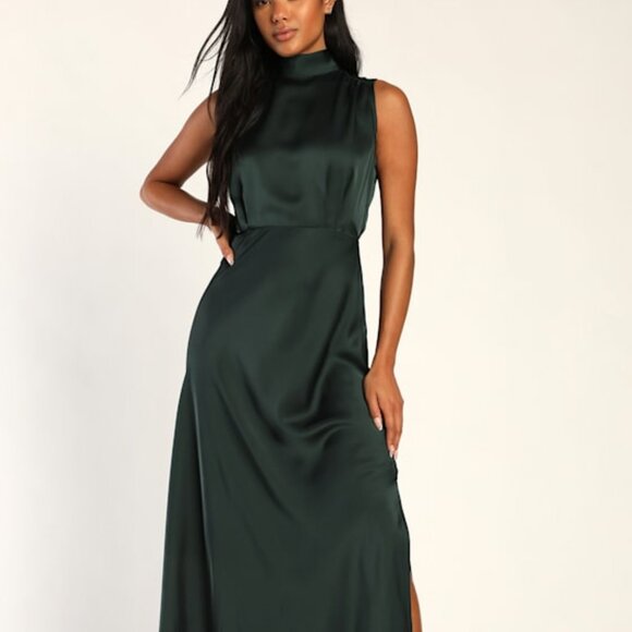 Lulus Dresses & Skirts - Lulus Classic Elegance Green Satin Sleeveless Mock Neck Maxi Dress - Size M